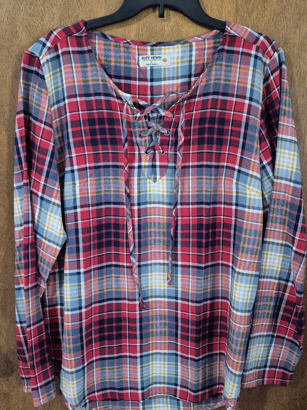 Ruff Hewn Red Plaid Lace-Up Tunic with Yellow and Blue Accents
